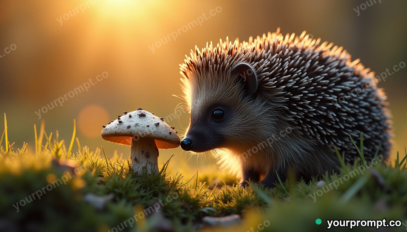 A hedgehog sniffing a mushroom in mossy grass in charcoal sketch style — AI-generated image from a text prompt