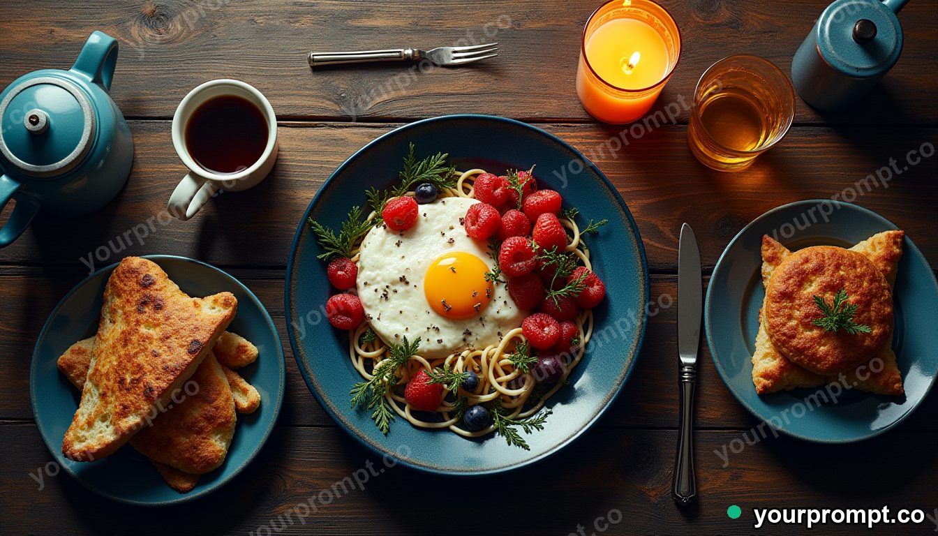 A rustic breakfast spread on a wooden table, top-down in airbrushed retro sci-fi style — AI-generated image from a text prompt