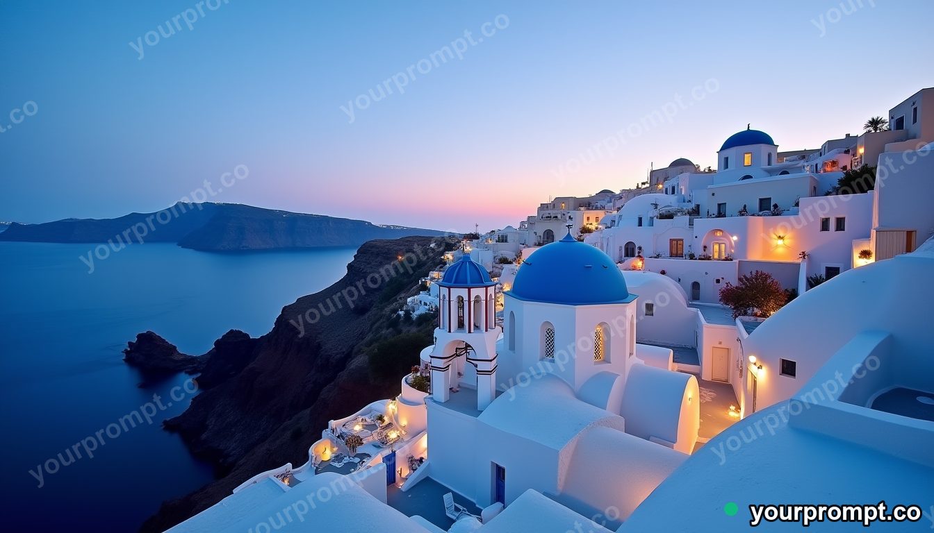 A white-and-blue Santorini cliffside at sunset in ethereal long-exposure style — AI-generated image from a text prompt