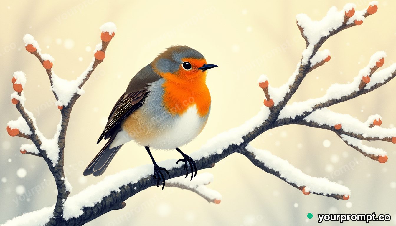 A robin perched on a snowy branch in ukiyo-e woodblock style — AI-generated image from a text prompt