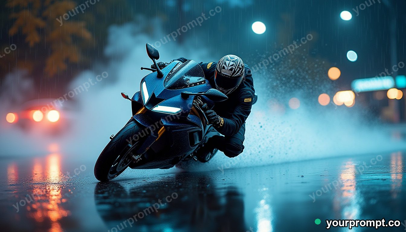 A sport bike leaning hard through a rainy corner in ethereal long-exposure style — AI-generated image from a text prompt