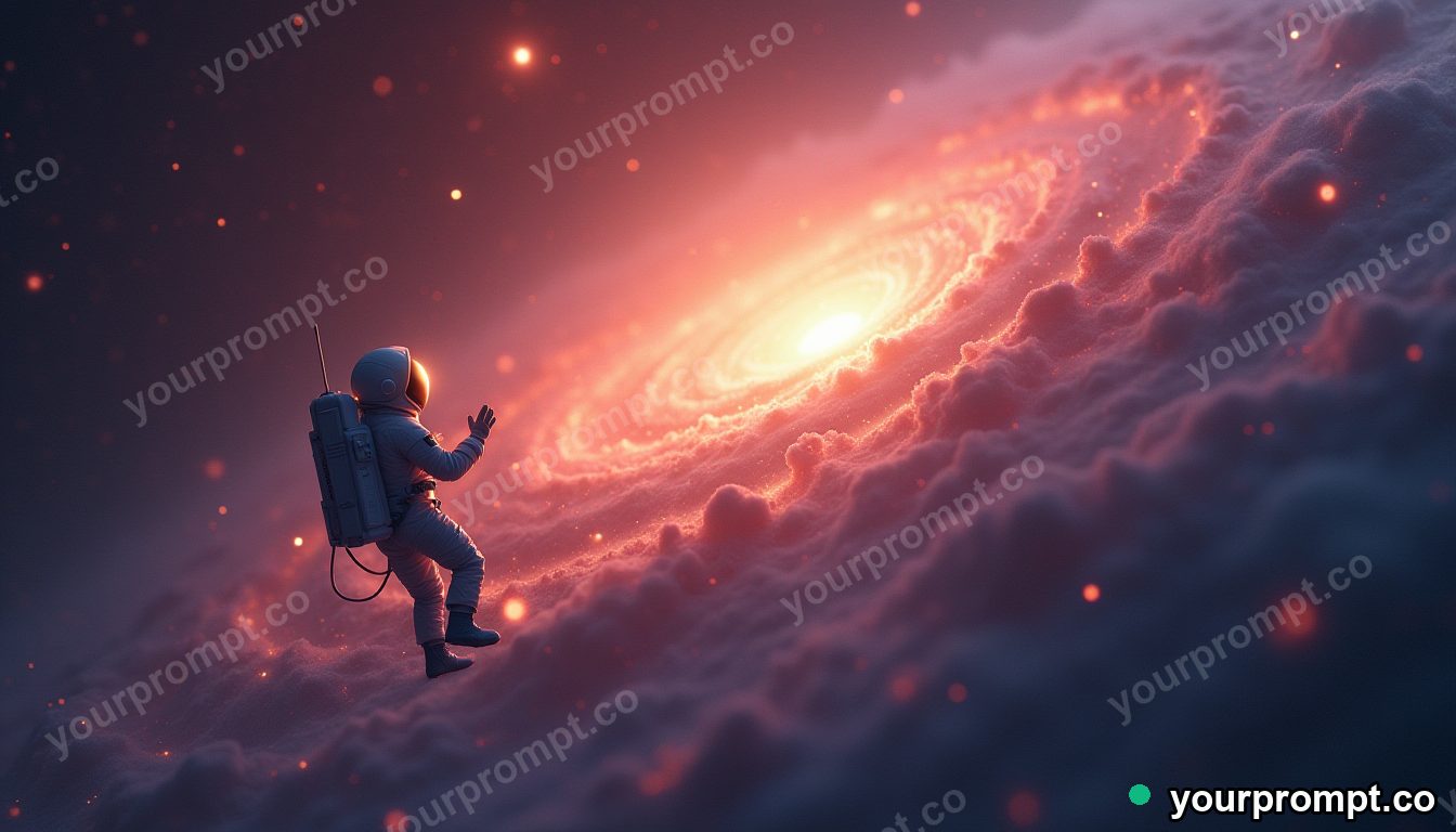An astronaut floating beside a glowing nebula in isometric miniature style — AI-generated image from a text prompt