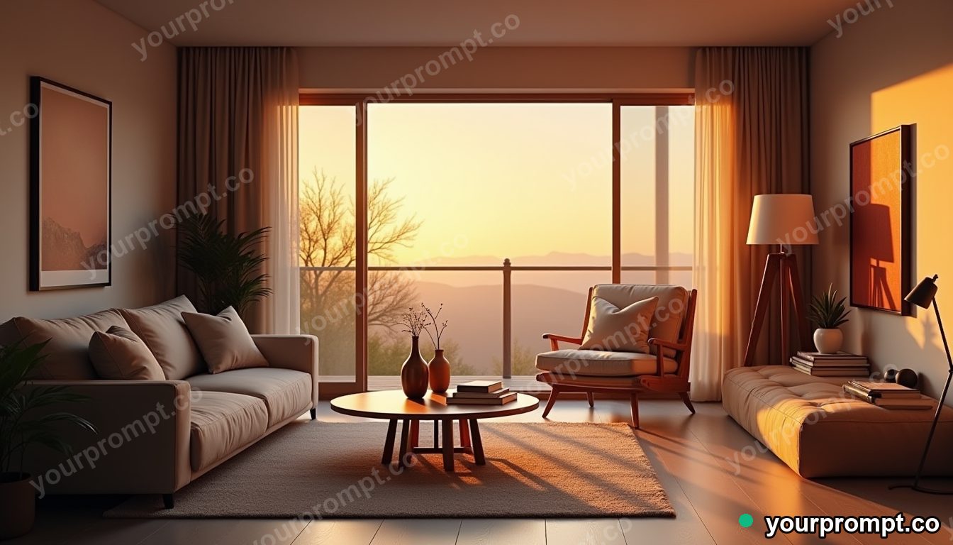A minimalist Scandinavian living room at golden hour in matte concept painting style — AI-generated image from a text prompt