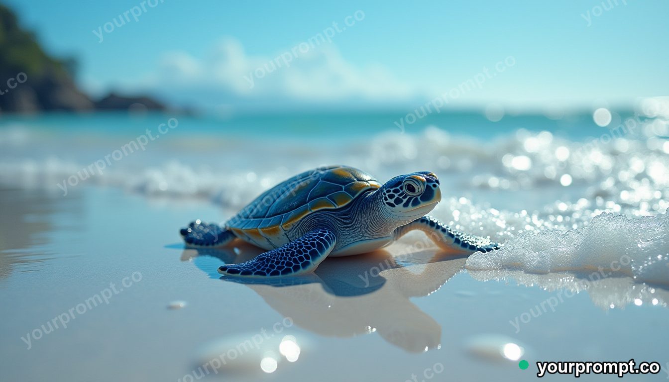 A baby sea turtle crawling toward the surf in vaporwave synthwave style — AI-generated image from a text prompt