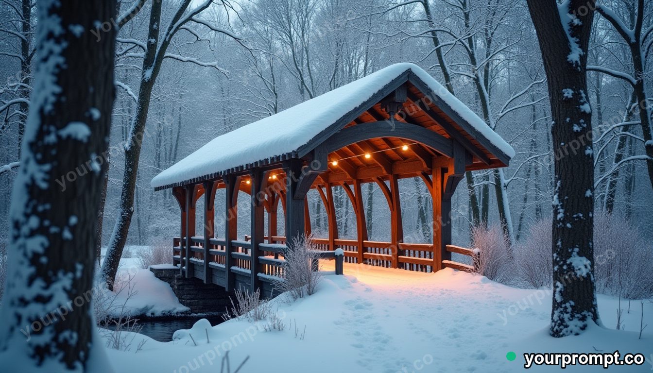 A snow-covered covered bridge in a quiet wood in vintage film photograph style — AI-generated image from a text prompt