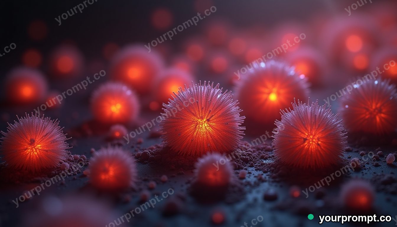 Pollen grains rendered as glowing spheres, macro in dramatic chiaroscuro style — AI-generated image from a text prompt