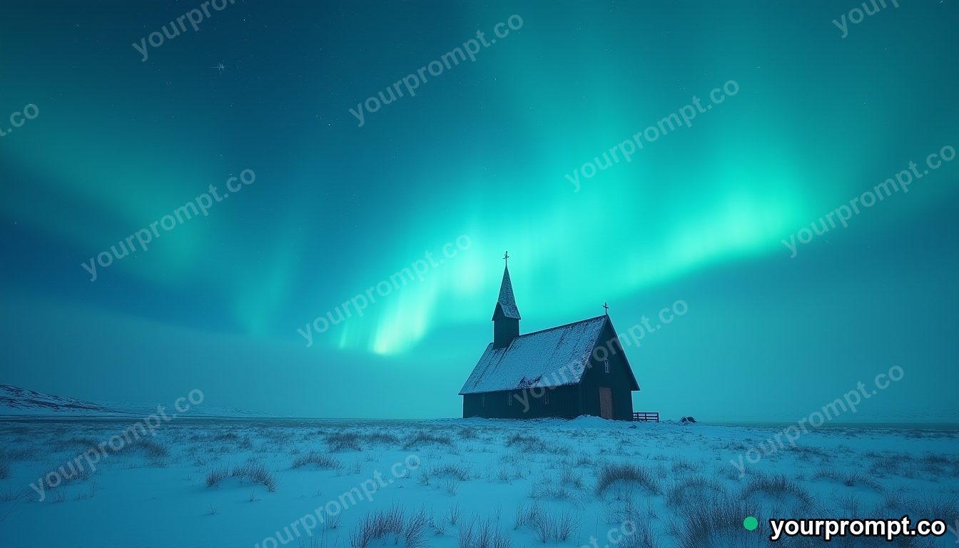 An icy aurora over a remote Icelandic church in ukiyo-e woodblock style — AI-generated image from a text prompt