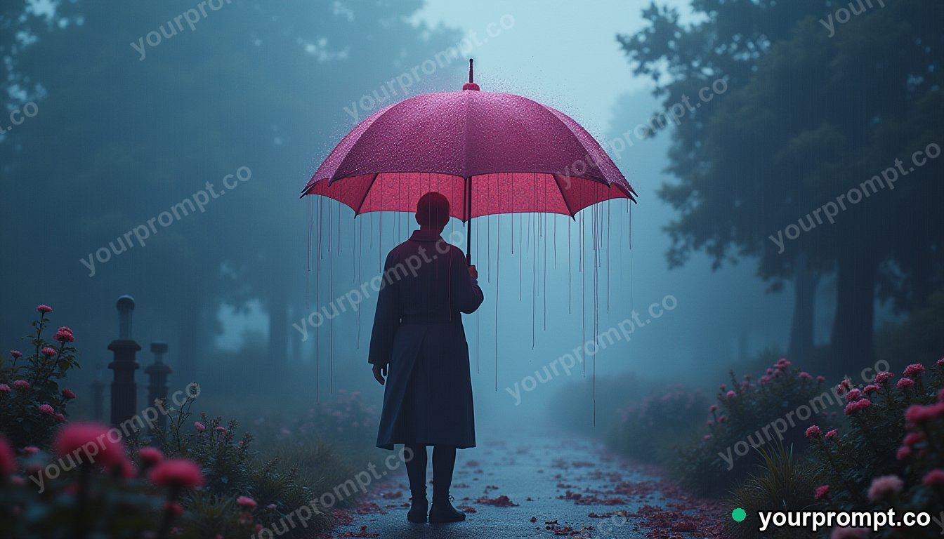 An umbrella raining flowers instead of water in vaporwave synthwave style — AI-generated image from a text prompt