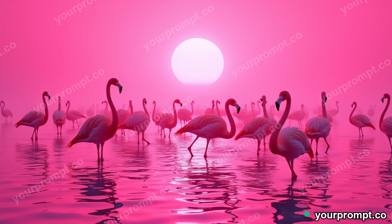 A flock of flamingos wading in a pink lagoon in bold pop-art style — AI-generated image from a text prompt