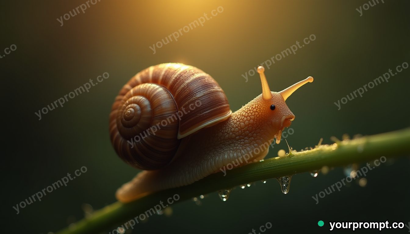 A snail with a glistening shell on a dewy stem in warm storybook illustration style — AI-generated image from a text prompt