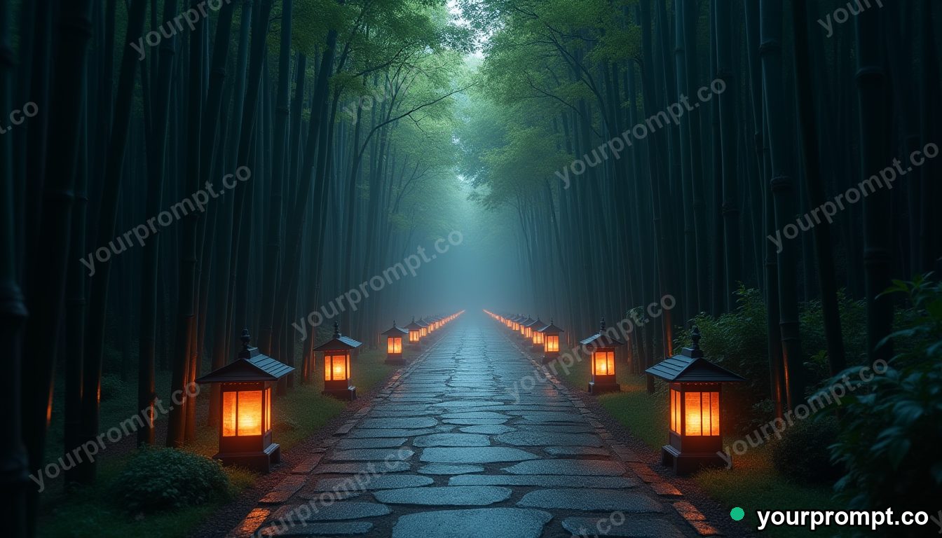 A quiet Kyoto bamboo path with stone lanterns in airbrushed retro sci-fi style — AI-generated image from a text prompt