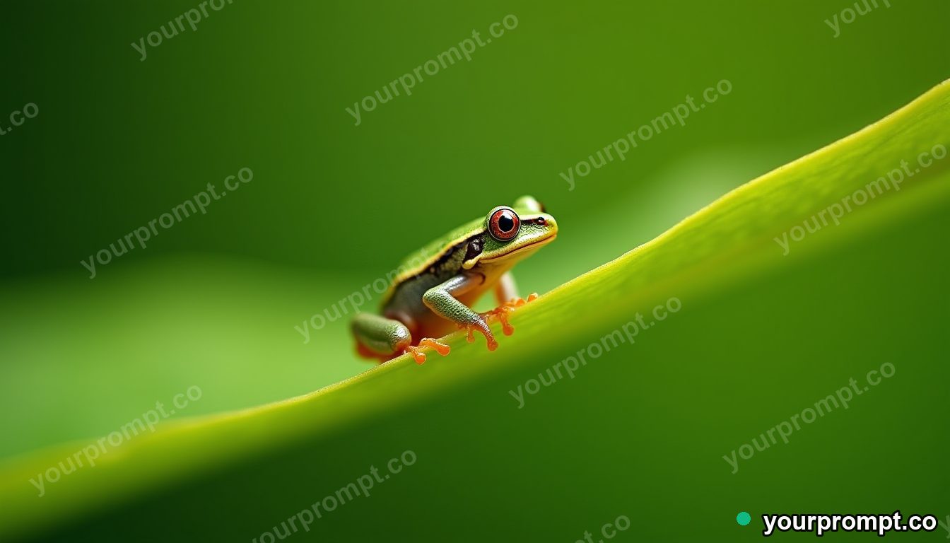 A tiny tree frog perched on a bright leaf, macro in extreme macro photography style — AI-generated image from a text prompt