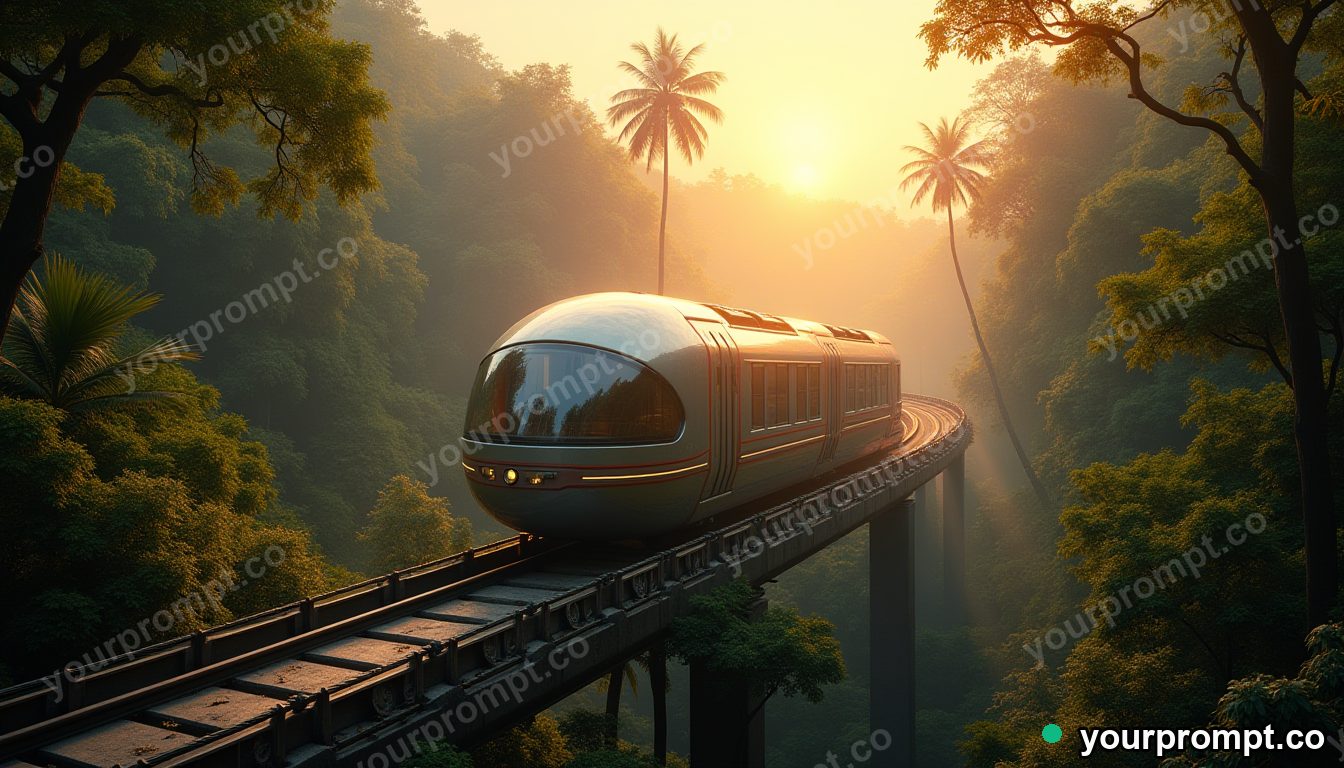 A futuristic pod monorail curving through jungle in ethereal long-exposure style — AI-generated image from a text prompt