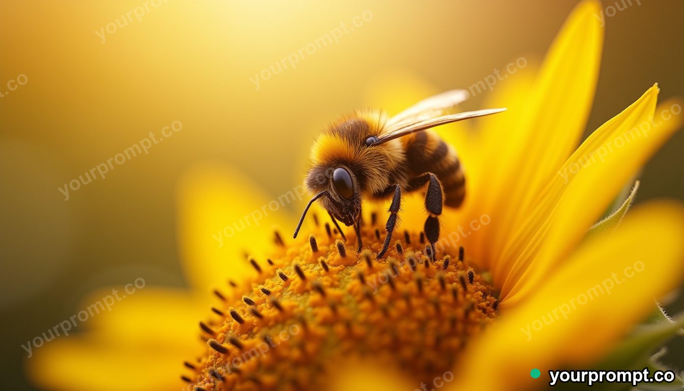 A bumblebee dusted with pollen on a sunflower in vintage film photograph style — AI-generated image from a text prompt