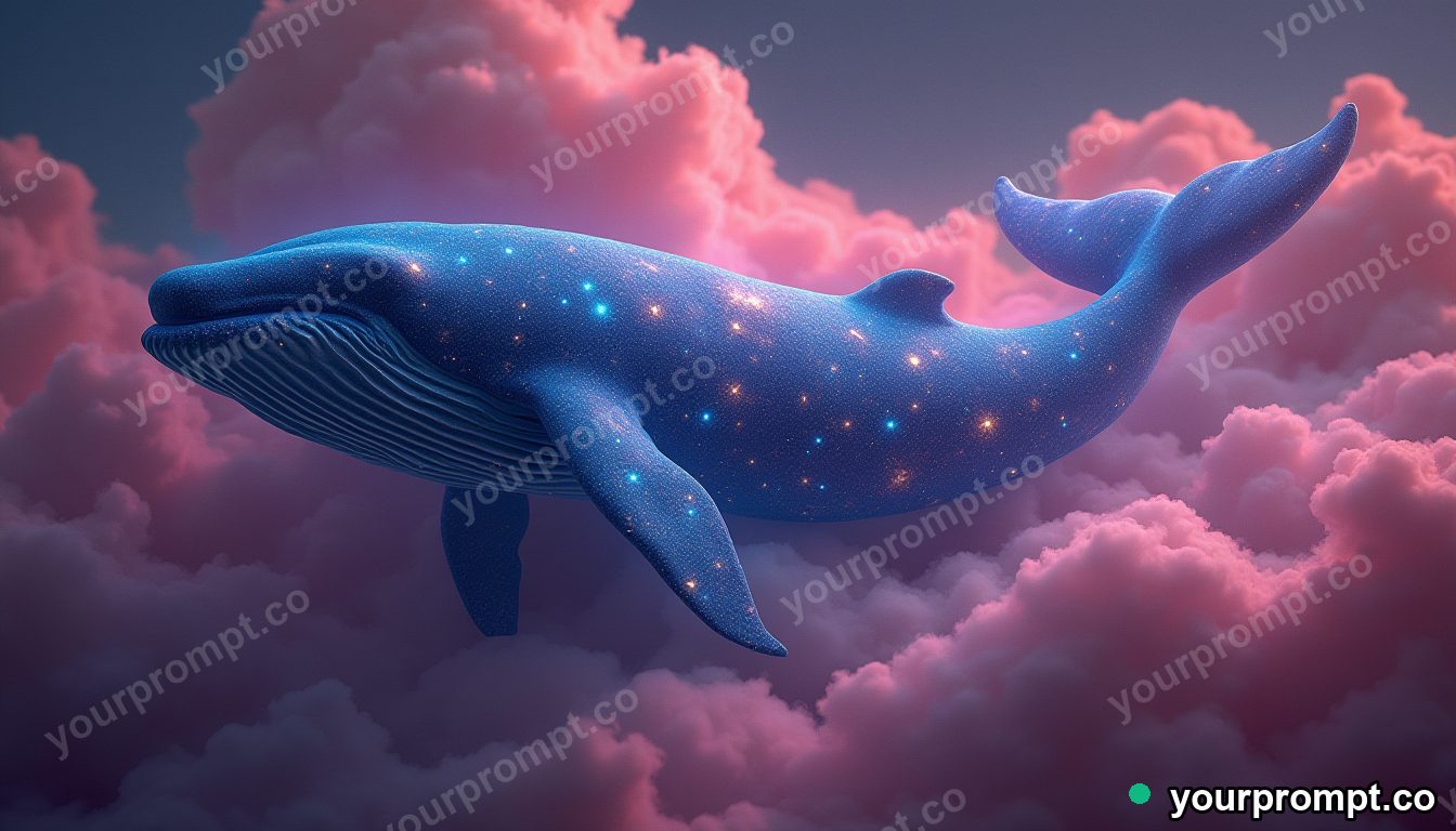 A whale made of swirling galaxies drifting through pink clouds in dramatic chiaroscuro style — AI-generated image from a text prompt