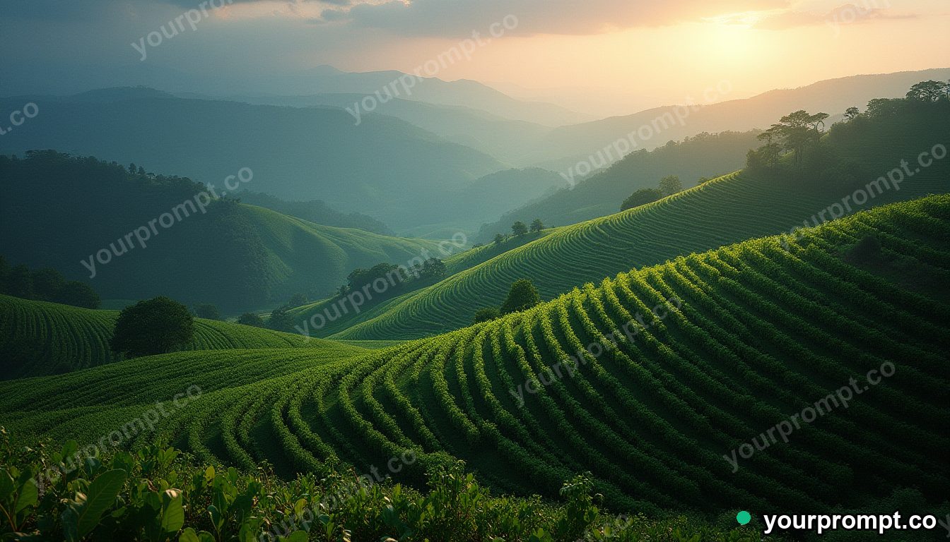 A bird's-eye view of a terraced vineyard on rolling hills in photorealistic style — AI-generated image from a text prompt