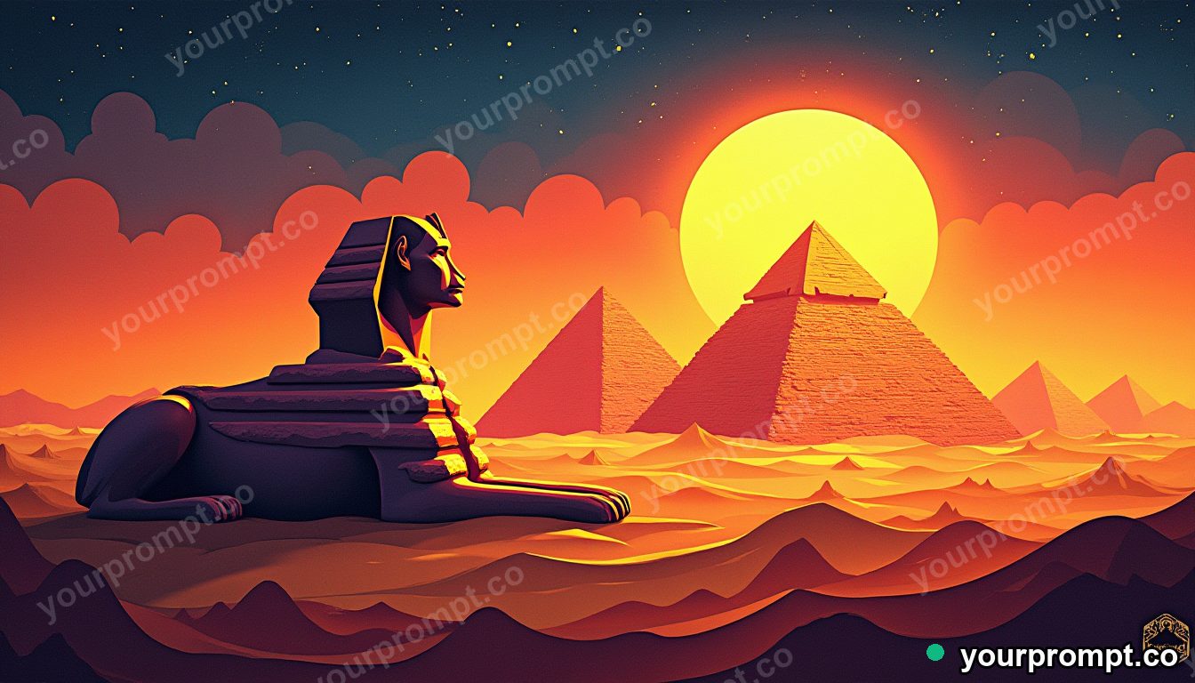 A sphinx beside pyramids at golden dusk in layered papercut art style — AI-generated image from a text prompt