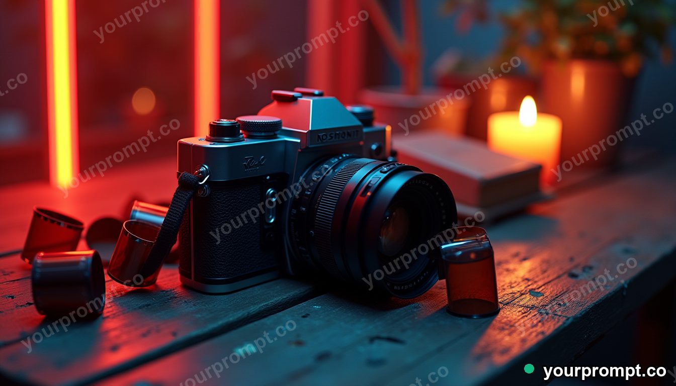 A vintage camera and film rolls on weathered wood in neon cyberpunk style — AI-generated image from a text prompt