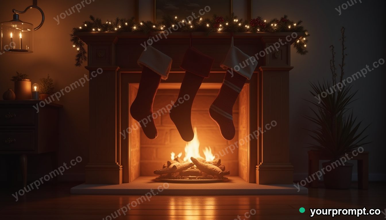 A cozy fireplace with stockings and warm light in clean minimalist style — AI-generated image from a text prompt