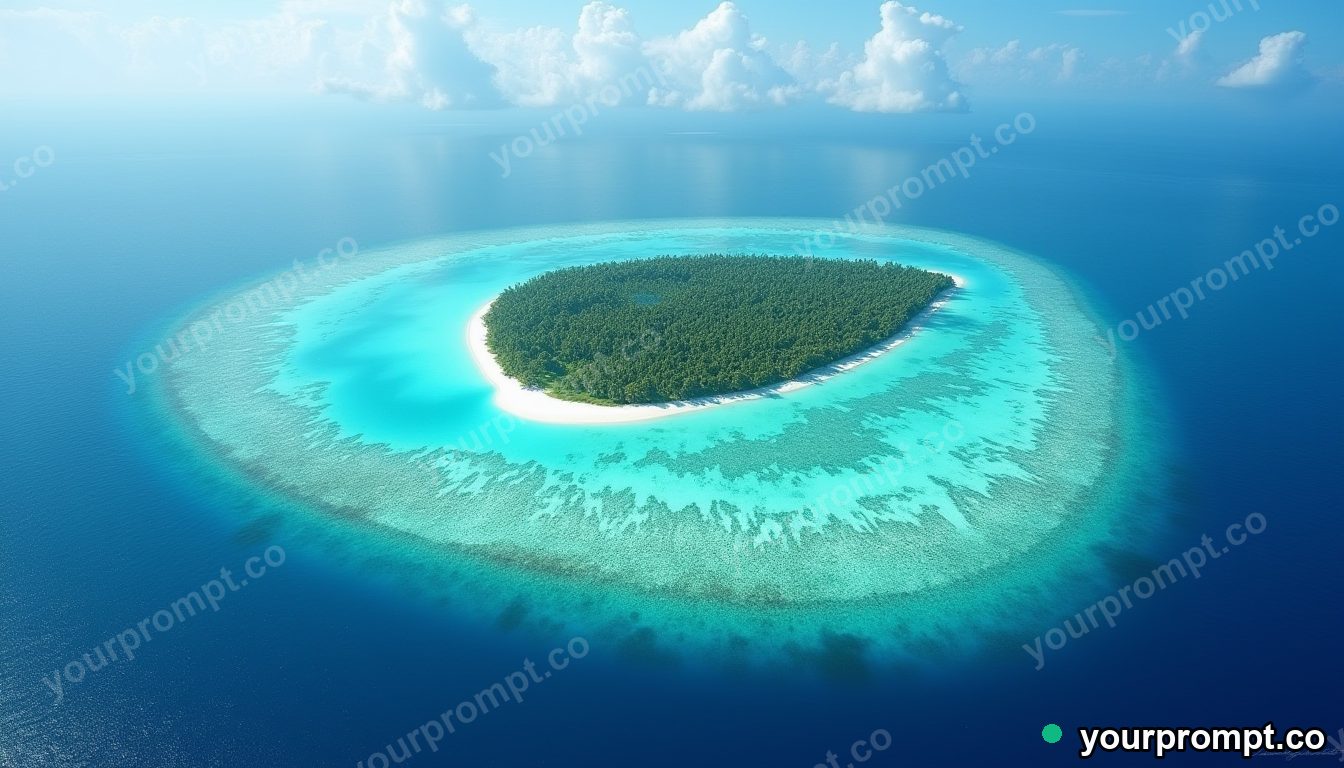 An aerial view of a tropical atoll ringed by reef in hyperrealistic style — AI-generated image from a text prompt