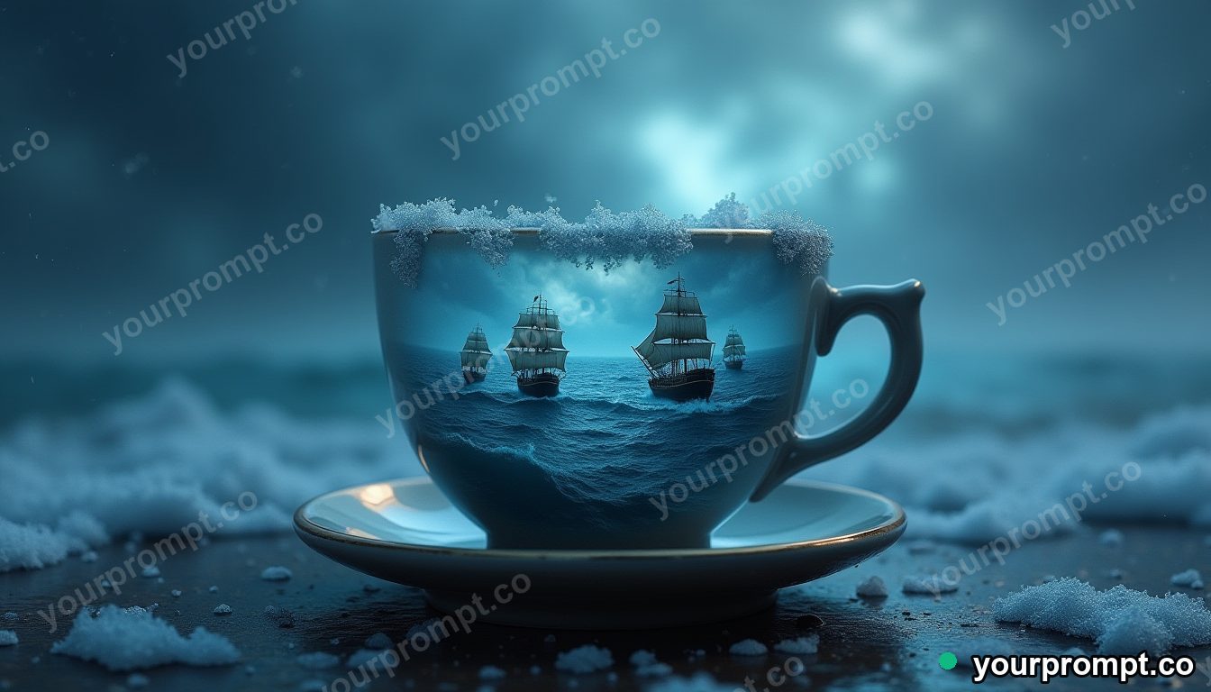 A teacup holding an entire stormy ocean with tiny ships in hyperrealistic style — AI-generated image from a text prompt