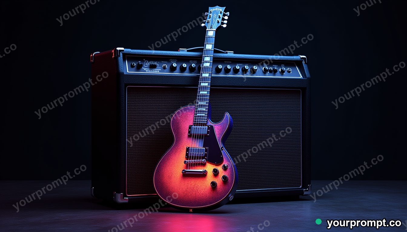 A vintage electric guitar leaning against an amp, neon glow in charcoal sketch style — AI-generated image from a text prompt