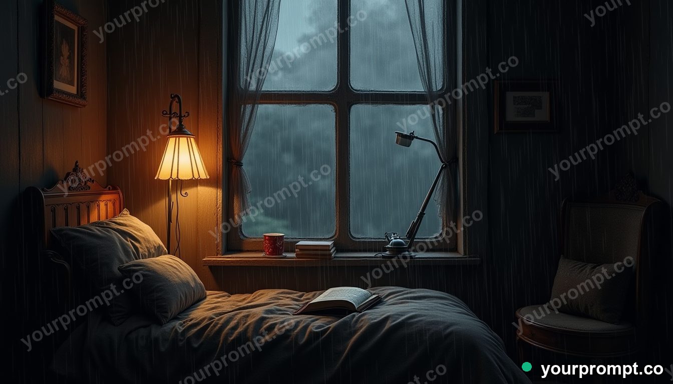 A cozy rainy-day reading nook with warm lamplight in charcoal sketch style — AI-generated image from a text prompt