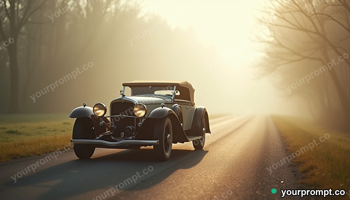 A 1930s art-deco roadster on a misty country road in clean minimalist style — AI-generated image from a text prompt