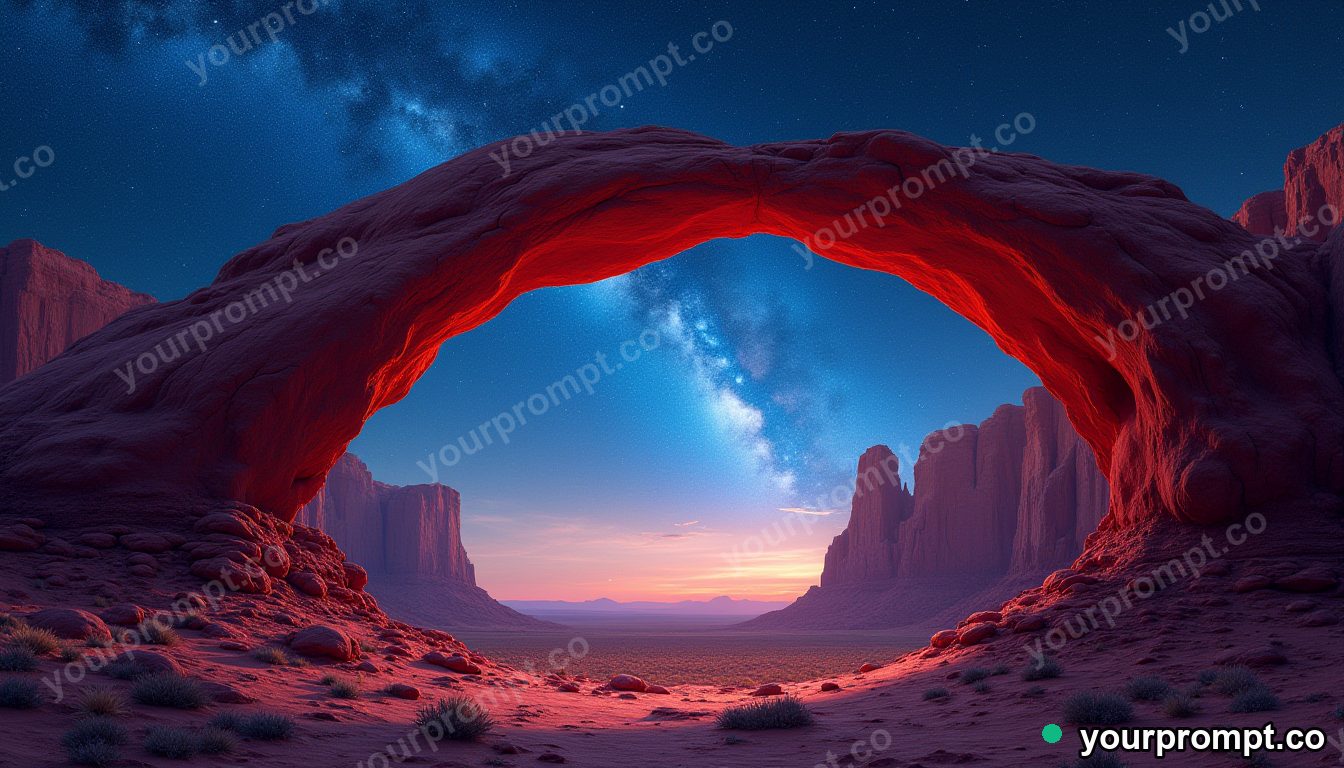A red-rock desert arch under a starry sky in epic fantasy concept art style — AI-generated image from a text prompt