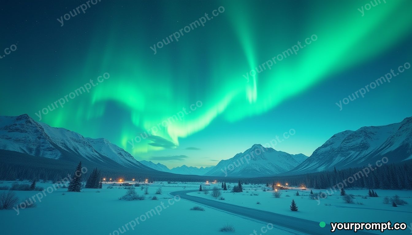 The northern lights rippling green over a snowy valley in clean minimalist style — AI-generated image from a text prompt