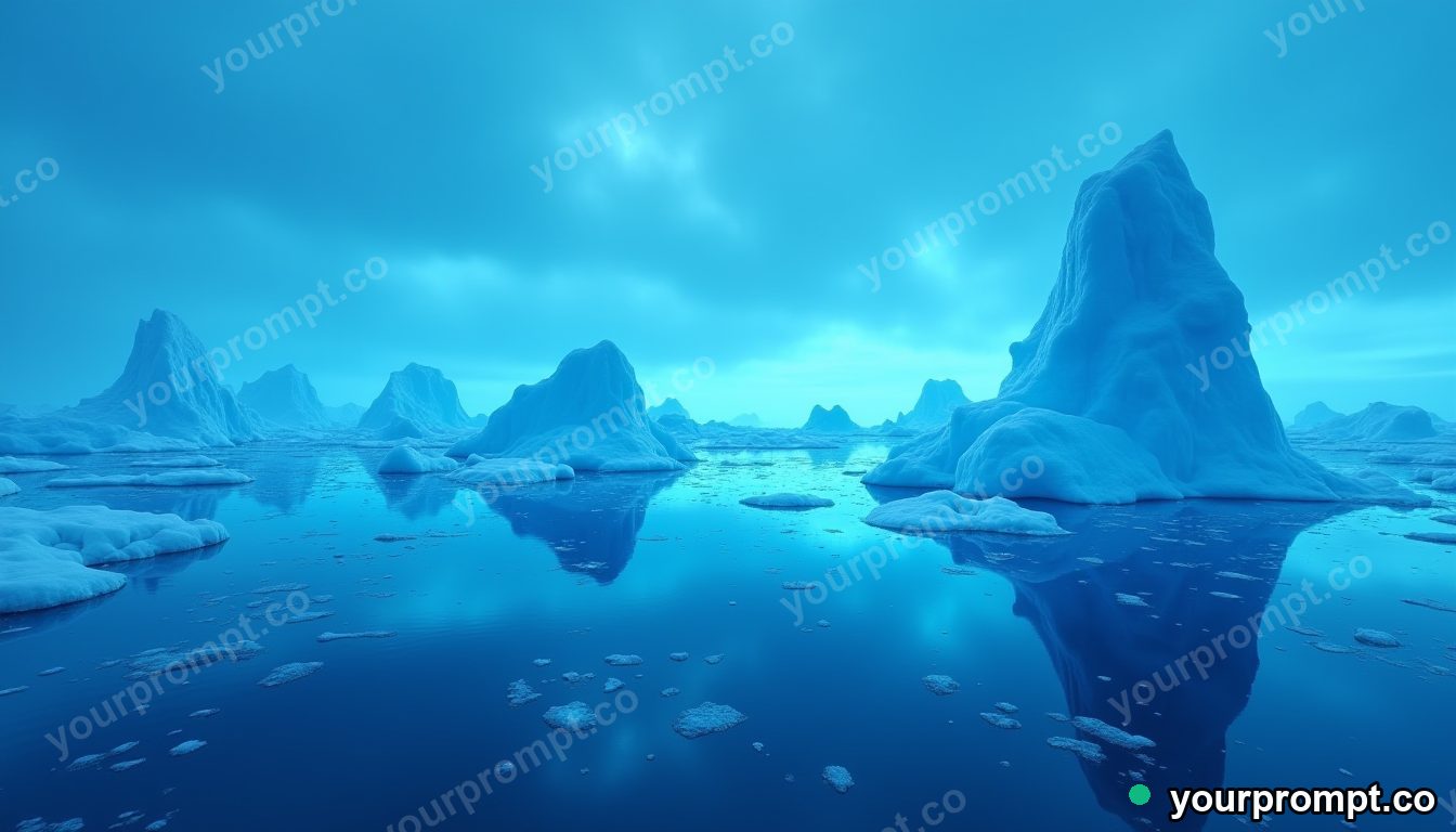 A field of icebergs in a calm arctic sea in neon cyberpunk style — AI-generated image from a text prompt