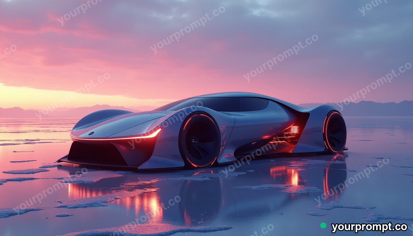 A futuristic concept car with glowing accents on a salt flat in clean minimalist style — AI-generated image from a text prompt