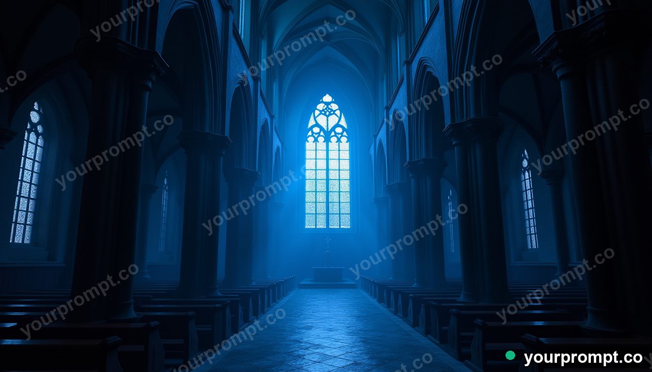 A gothic cathedral interior lit by stained-glass light in vaporwave synthwave style — AI-generated image from a text prompt