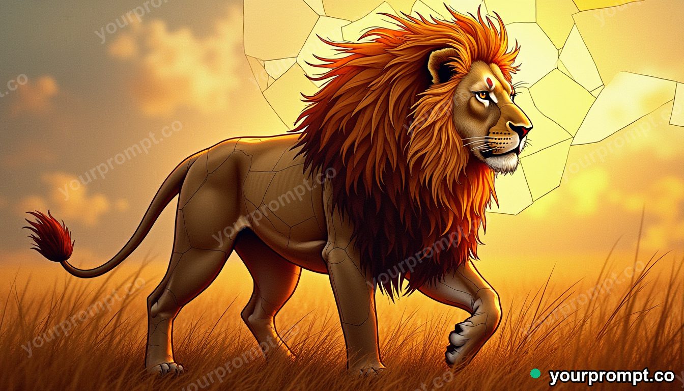 A majestic lion with a windswept mane on the savanna in stained-glass mosaic style — AI-generated image from a text prompt