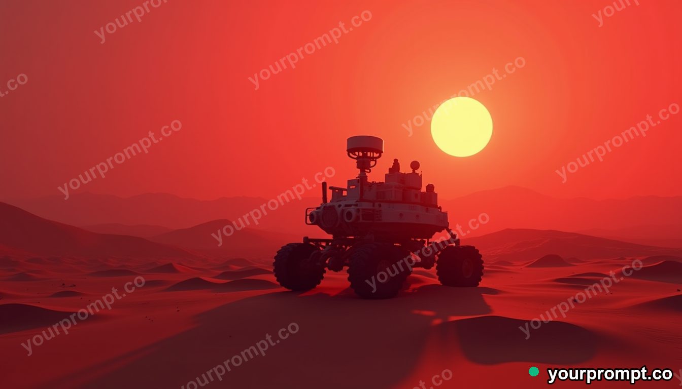 A rover crossing a red martian desert at dusk in low-poly 3D style — AI-generated image from a text prompt