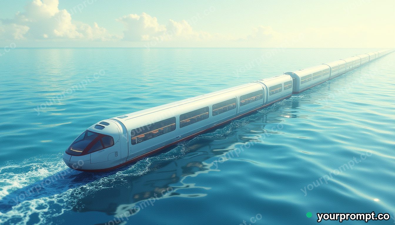 A transparent high-speed tube transport over the ocean in ukiyo-e woodblock style — AI-generated image from a text prompt