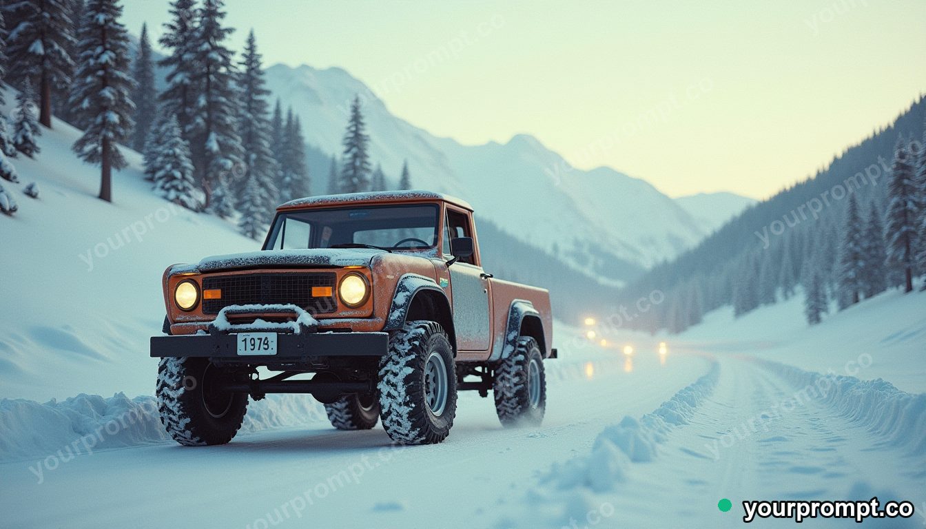 A rugged lifted pickup on a snowy mountain pass in vintage film photograph style — AI-generated image from a text prompt