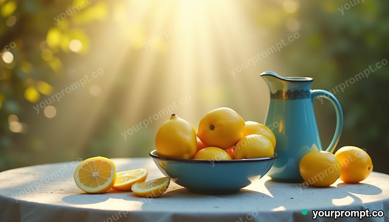 A bowl of lemons beside a blue ceramic jug in extreme macro photography style — AI-generated image from a text prompt