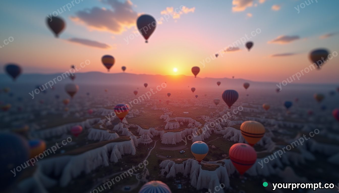 A hot-air-balloon-filled sky over Cappadocia at dawn in tilt-shift miniature style — AI-generated image from a text prompt