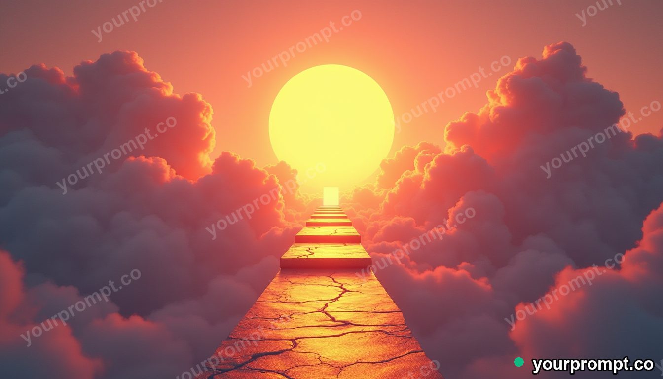 A staircase of clouds leading to a golden doorway in neon cyberpunk style — AI-generated image from a text prompt