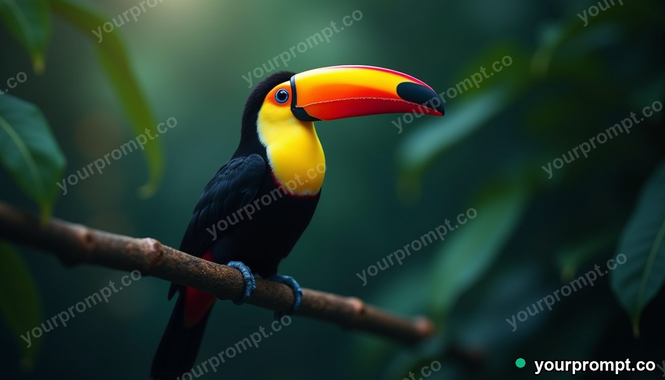 A toucan with a vivid beak on a jungle branch in tilt-shift miniature style — AI-generated image from a text prompt