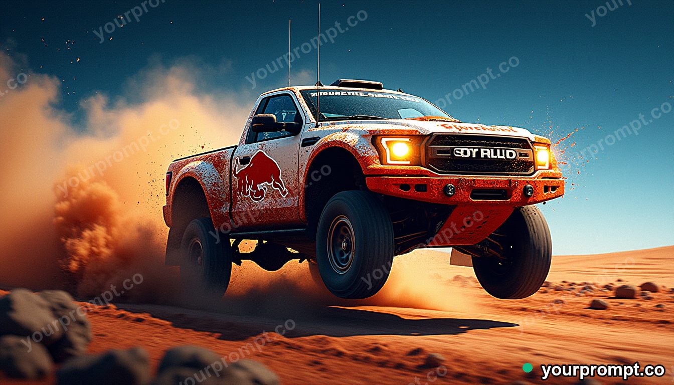 A mud-splattered rally truck mid-jump on a dirt track in stained-glass mosaic style — AI-generated image from a text prompt