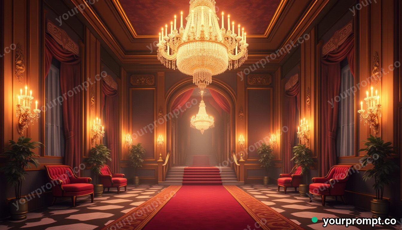 A luxurious hotel lobby with a crystal chandelier in anime illustration style — AI-generated image from a text prompt