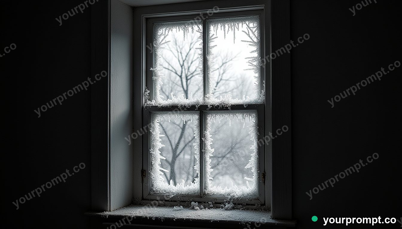 Frost crystals spreading across a dark window in charcoal sketch style — AI-generated image from a text prompt