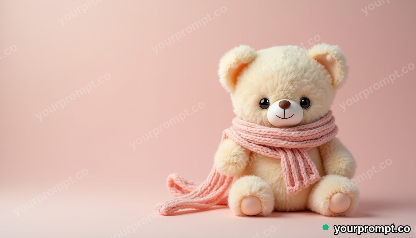 A soft teddy bear plushie wearing a tiny knitted scarf