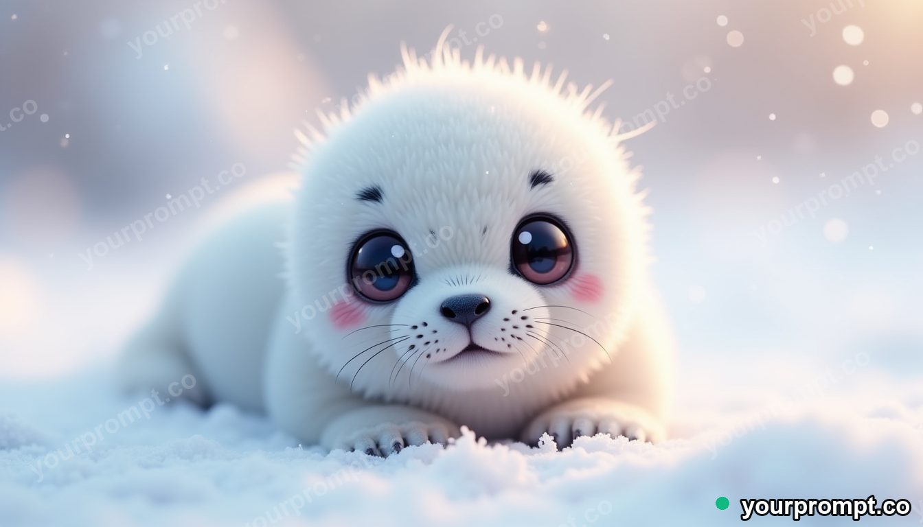 A baby seal with huge glossy eyes on soft snow