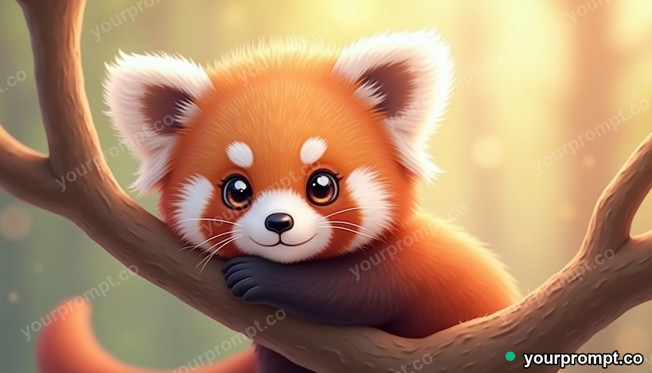 A red panda cub hugging a branch in kawaii style — AI-generated image from a text prompt