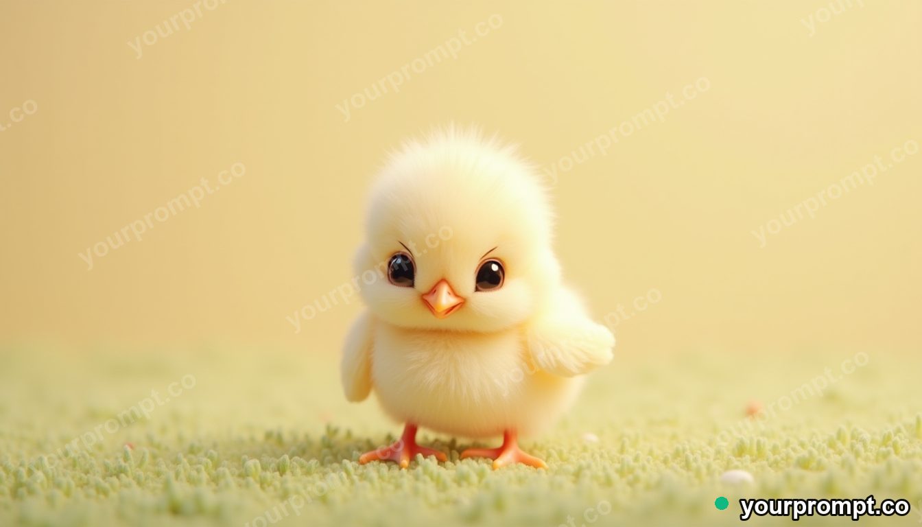 A fuzzy baby chick standing in soft grass in kawaii style — AI-generated image from a text prompt