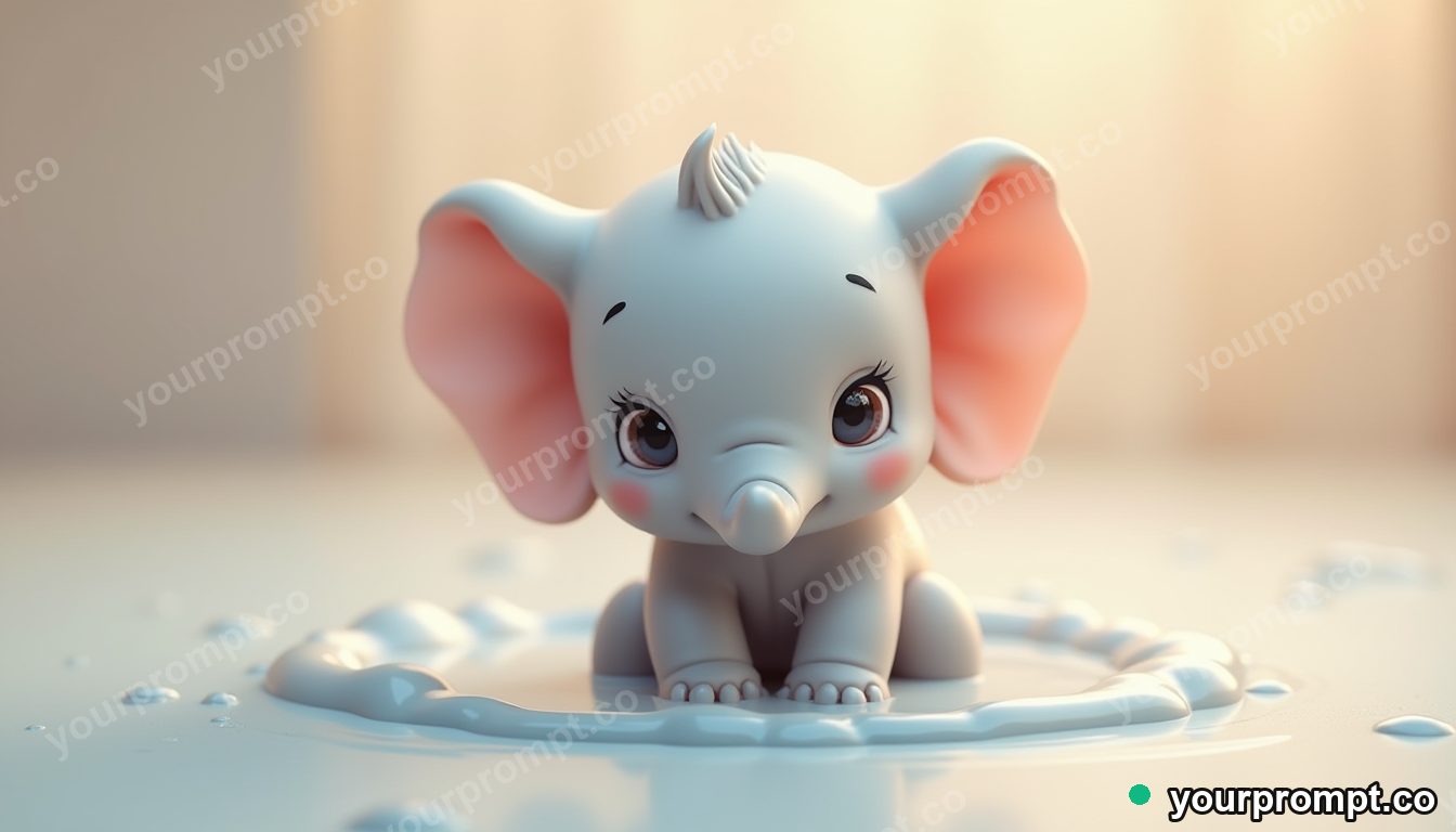 A baby elephant splashing in a tiny puddle in kawaii style — AI-generated image from a text prompt