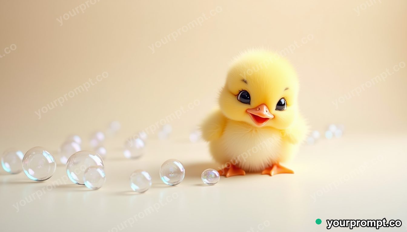 A tiny duckling following a trail of bubbles in kawaii style — AI-generated image from a text prompt